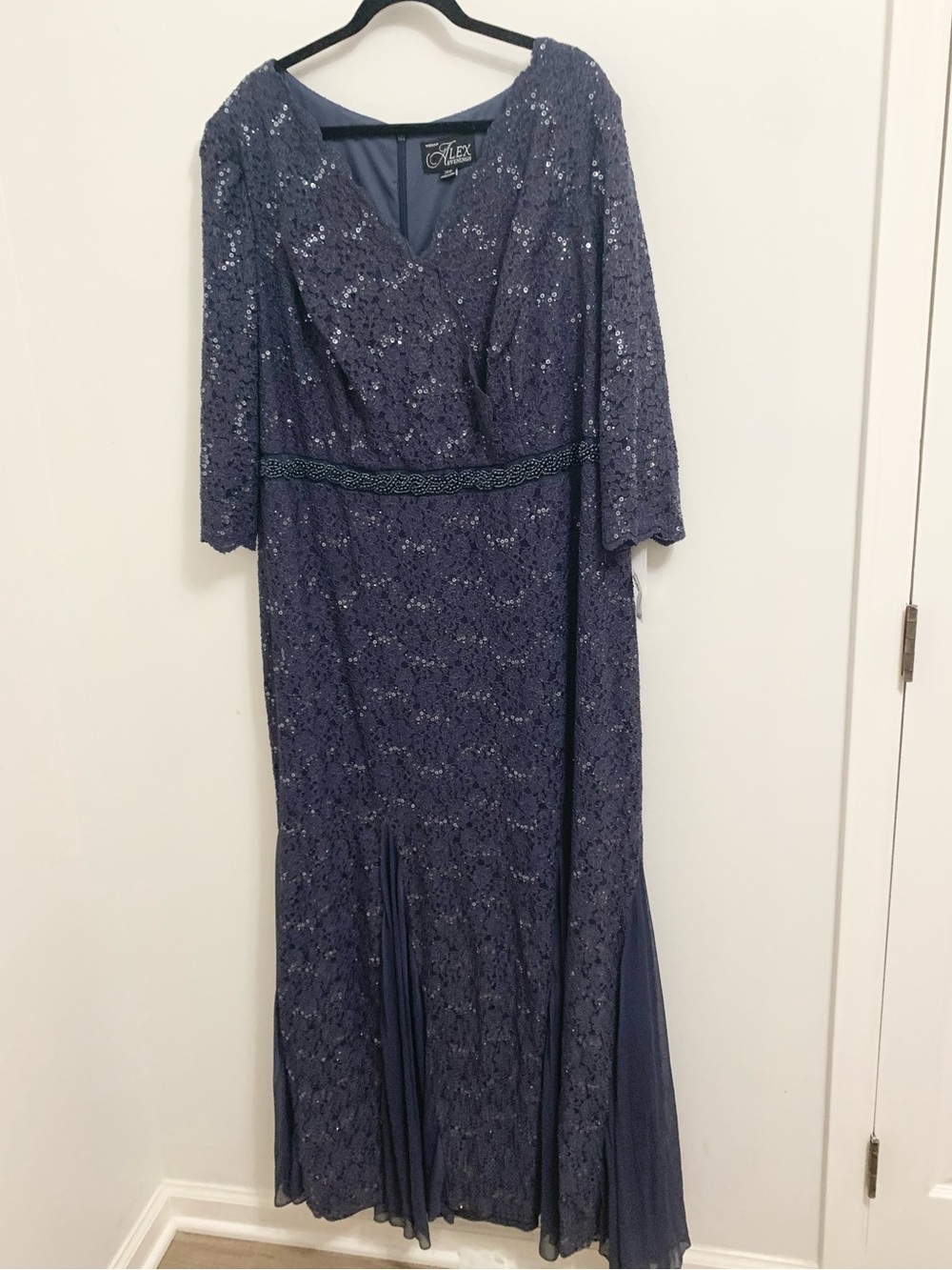 Alex Evenings Sequin Lace Maxi Dress 3/4 Sleeve Beaded Waist 24W NEW